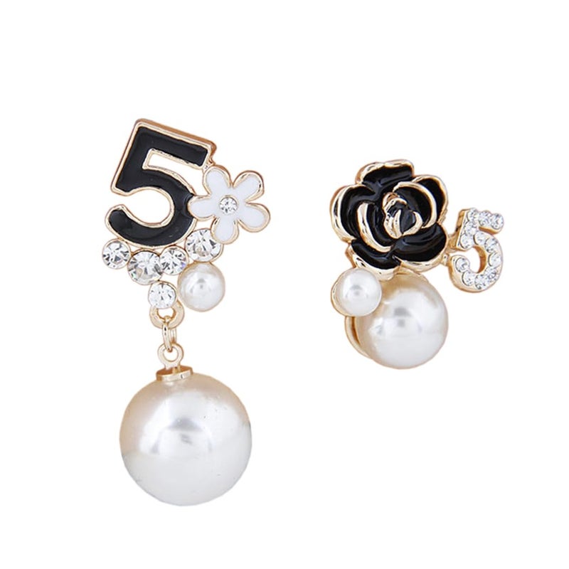 Glamtune Faux Imitation Pearl White Black Floral Dangle Drop Earrings Studs for Women - Image 1